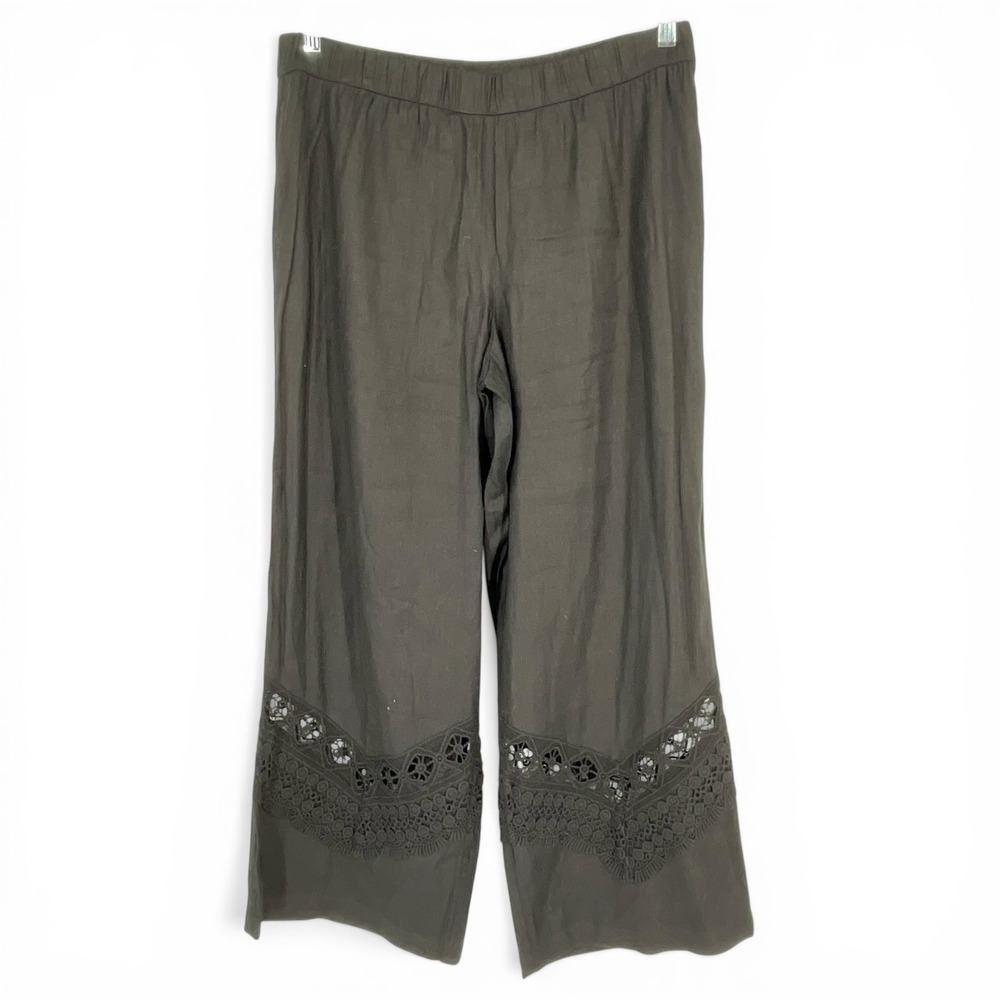 Susan Graver Black Wide‎ Leg Crochet Lace Inset Pull On Pants Womens Size 12